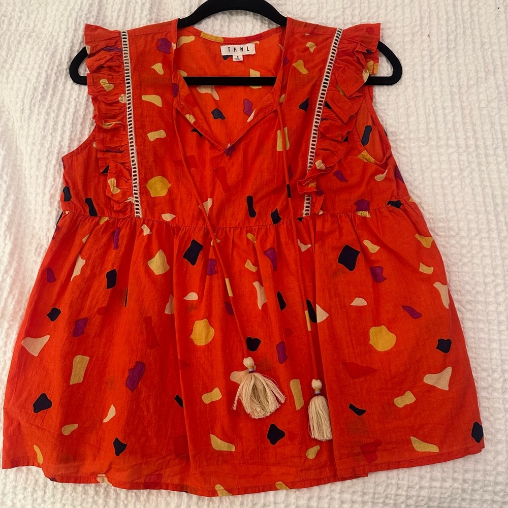 THML Orange and Black Ruffle Blouse with V-Neckline